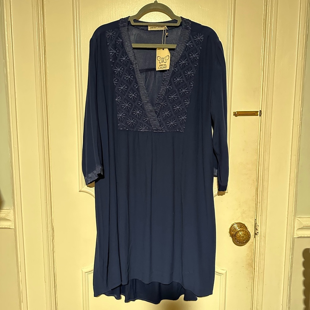 Johnny Was Calme Hi Lo Weekend Tunic Dress size L navy blue embroidered